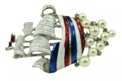 Broche prendedor de velero rojo, blanco y azul con perlas y cristales prendedor de moda EE. UU. Foto 1 de 4
