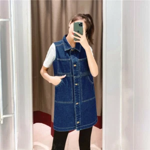 New Woman Sleeveless Simple Loose Casual Jeans Denim mini Vest Tops Big Pockets - Picture 1 of 21