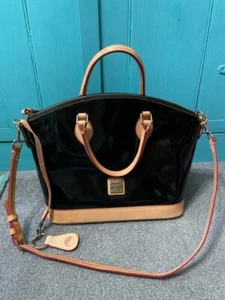 DOONEY & BOURKE LARGE DOME SATCHEL CROSSBODY BLK PATENT W/TAN GENUINE LEATHER - Picture 1 of 14