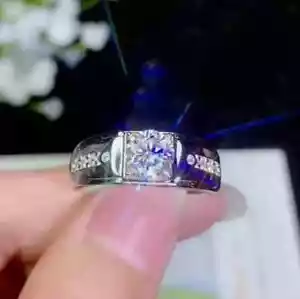 Men's Ring 2 Ct Round Cut Lab Created Moissanite Wedding 14K White Gold Plated - Picture 1 of 7