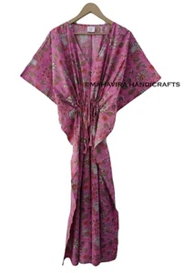 Indian Floral Print Pink Cotton Loose Sleeve Hippie Free Size Boho Caftan Dress - Picture 1 of 5