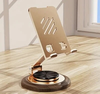 Gold Metal Phone Tablet iPad Adjustable View Angle Stand With A Wood Walnut Base - Image 1 of 4