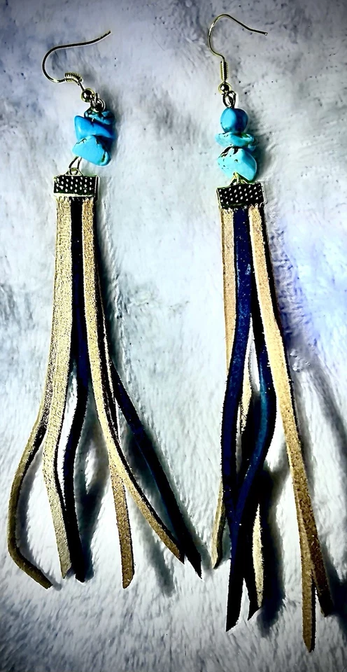 Genuine Turquoise And Suede Leather Tassel Earrings Foto 1 de 3