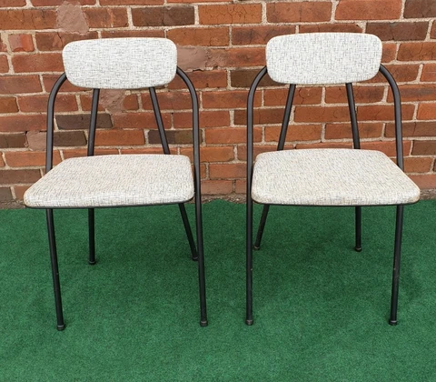 Pair of Hamilton Cosco Folding Chairs Stylaire Model 90 Black w/Vinyl MCM Atomic Cover