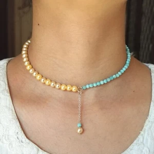 AAA Quality Larimar Golden Pearl Beaded Necklace Danity Jewelry Gift for Her - Picture 1 of 3