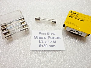 20 Amp, Fast Blow Glass Fuses, 6 x 30mm 1/4 x 1-1/4 250 Volts, USA Quick Ship - Picture 1 of 1