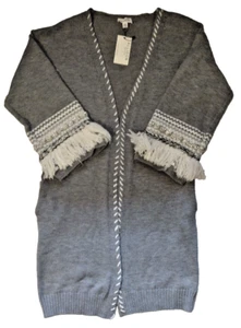 Allison New York Women's Gray Knit Sweater Cardigan Fringe Beaded Sleeves Size M - Picture 1 of 5