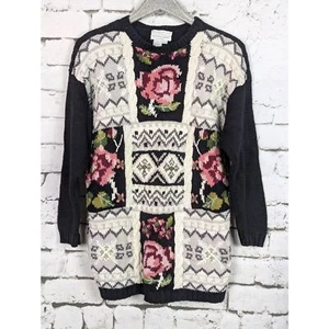 VINTAGE Hand-Knit Floral Cottage Coastal Granny Patchwork Sweater Large  - Bild 1 von 7