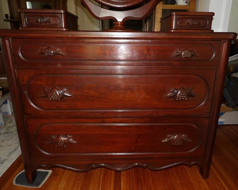 Davis Cabinet Co.  Antique 1947 Lillian Russell Black Walnut Dresser with Mirror Cover