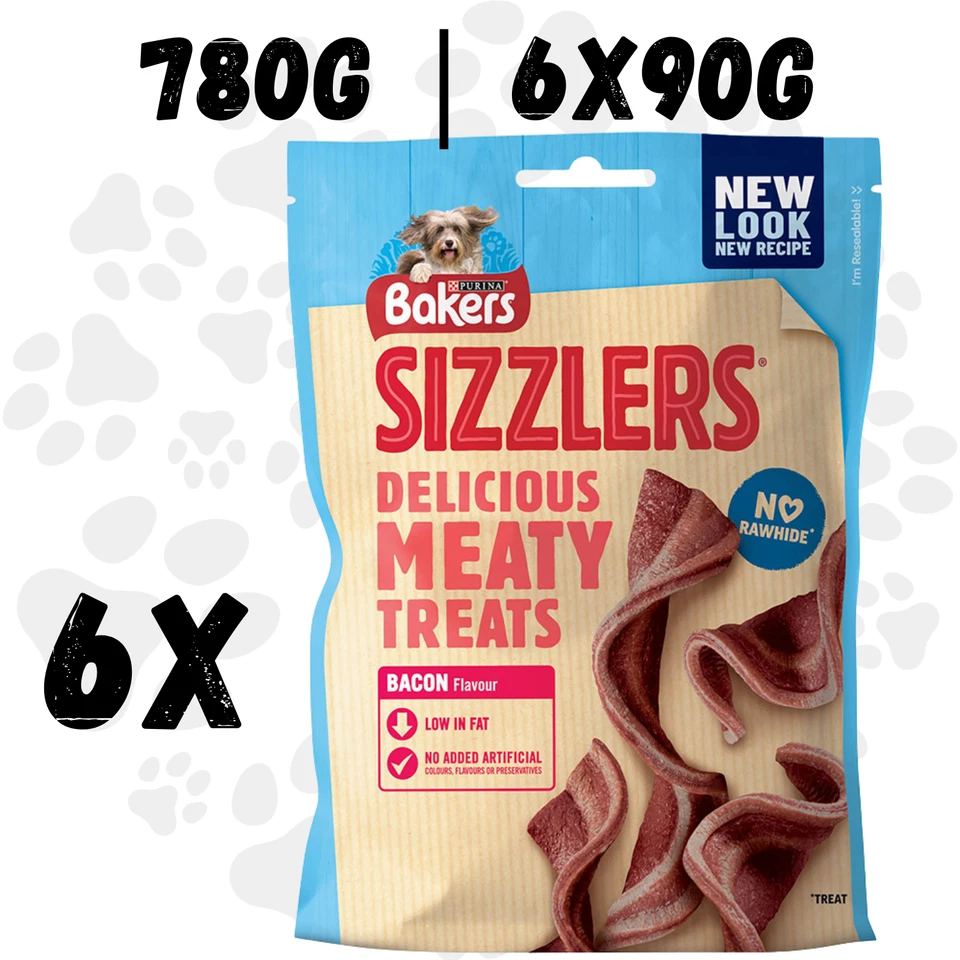 BAKERS PURINA Bakers Sizzlers Dog Treats - Bacon Flavour, Low Fat, 540g | 6x90g Multipack
