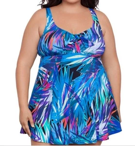 Swim Solutions women's Plus Size Abstract-Print Bow-Front Swim Dress Multi 24W - Picture 1 of 7
