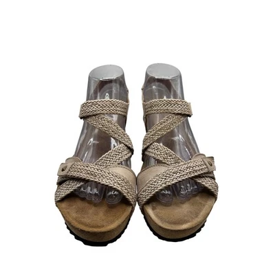 Taos Womens Sandals Wedge Cork Strappy Braided Tan Leather Buckle Closure - Image 1 of 4