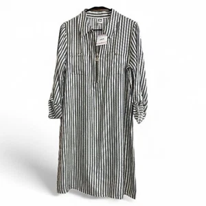Vestido Camisa Anne Klein Gris con Rayas Metálicas Doradas Talla 6 - Imagen 1 de 11