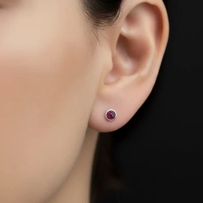 Small 925 Sterling Silver Red Ruby Round Earrings Studs Gemstone Ladies Gift - Image 1 of 4