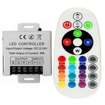 DC 12V-24V 36A Controller + 24Key RGB Remote Controller For 3528 5050 LED Lights - Image 1 of 4