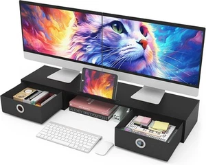 WESTREE Dual Monitor Stand Riser with Drawers, Storage for 2 Monitors, Organizer - Picture 1 of 7