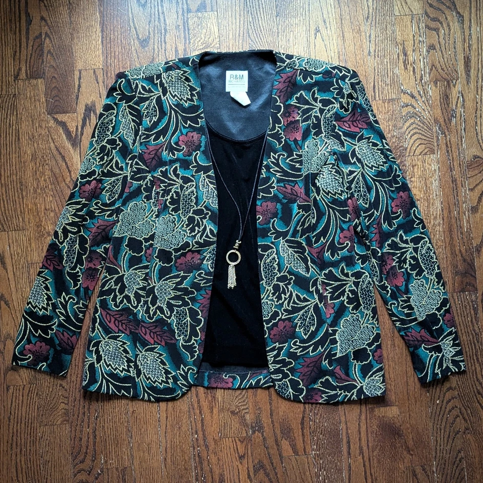 Conjunto de collar chaqueta Twofer Top floral vintage de R&M Richards Karen Kwong talla 16 Foto 1 de 4
