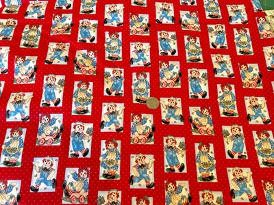 Raggedy Ann & Andy on Blue Boxes on White  Polka DotS ON Red Cotton Fabric OOP - Image 1 of 2