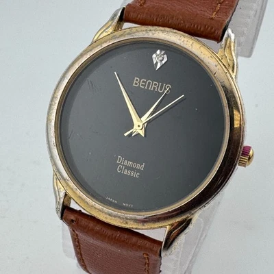 Reloj de Cuarzo Benrus Hombre Tono Dorado Diamante Negro Cuero Analógico Batería Nueva De Colección Foto 1 de 4