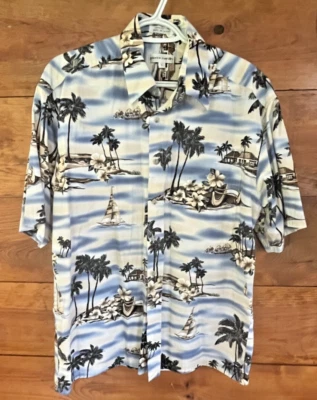 Pierre Cardin Vintage Hawaiian Shirt Mens Large Blue Island Palms Short Sleeve - Image 1 of 4