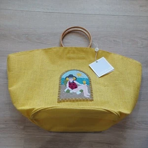 Needlepoint HAND SEWN Knitting Yarn Bag Purse Tote Bag Yellow 100% Jute NWT - Picture 1 of 12