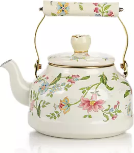 2.6 Quart Vintage Enamel Tea Kettle, Green Floral Stovetop Water Kettle Teapot w - Picture 1 of 6