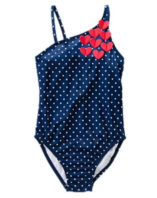 NWT Gymboree Retro Polka Dot Hearts 1-Pc Swimsuit Swimwear UPF 50+ Navy Girls 12 - Image 1 of 1