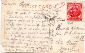 WW1 Barbados 1919  PC to Brazil with manual PC censor. 3 recorded - Picture 1 of 2