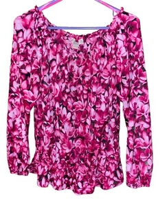 Michael Kors Women’s Pink Floral Smocked Blouse, Medium - Picture 1 of 5