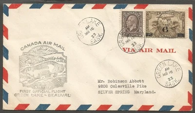 1933 FFC First Flight Airmail Cover - Green Lake Sask to Beauval - Изображение 1 из 2
