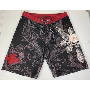 VTG Y2K Men Affliction skull cross wing graphic swim trunks board shorts, 36 - Picture 1 of 7