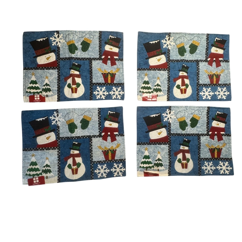 NEW Essential Home Winter Snowman Holiday Placemats Set Of 4 Blue White Cottage - Image 1 of 4