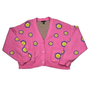 Forever 21 AOP Happy Face Floral V-Neck Cropped Cardigan Sweater FLAW Pink Large - Picture 1 of 6