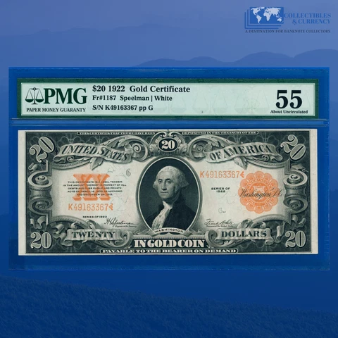 Fr.1187 1922 $20 Twenty Dollar Gold Certificate Gold Seal, PMG 55 Comment #63367 Cover