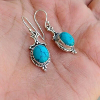 Santa Rosa Türkis Edelstein 925 Sterlingsilber Handgefertigte Ohrringe S-44 - Bild 1 von 4