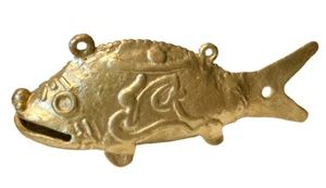 Antique JAPANESE CAST IRON GILDED FISH BELL CHIME HANGING SIGNED JAPAN - Picture 1 of 10