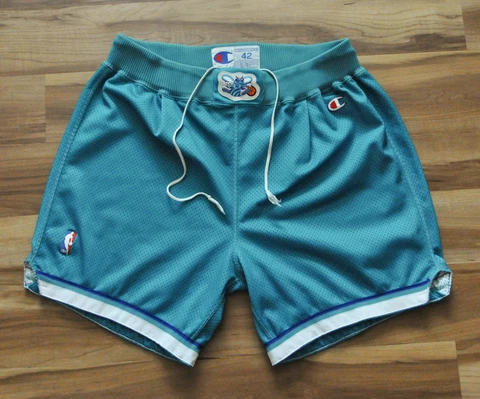CHARLOTTE HORNETS SHORTS TEAL CHAMPION TEAM ISSUED/GAME USED(?) 42+2 Cover