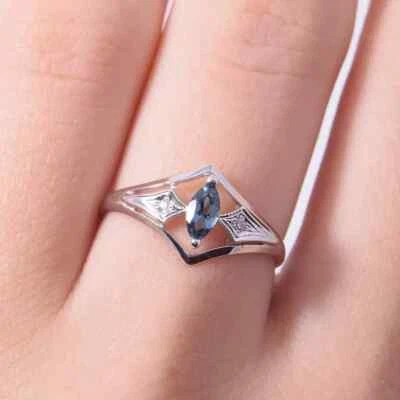 Anillo estilo único para mujer corte marquesa creado en laboratorio zafiro oro blanco 14k FN Foto 1 de 4