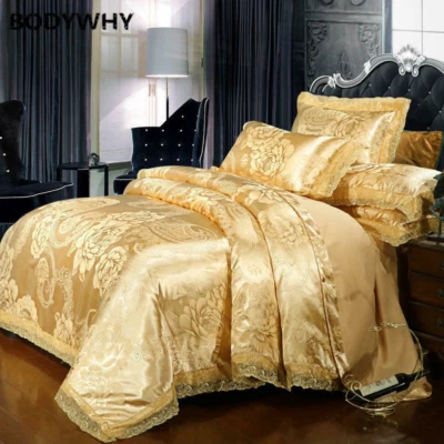Luxury Jacquard Bedding Sets Satin Silk Cotton Duvet Cover Bed Sheet Golden - Image 1 of 4