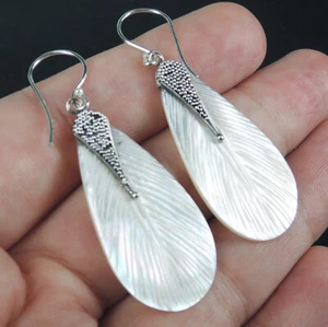 Pendientes de plata esterlina 925 en forma de pluma madre perla joyería MOPE-14 - Imagen 1 de 6