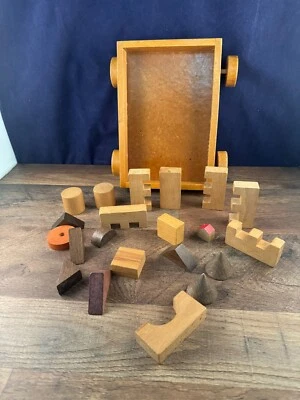 Vintage 21 Piece Wooden Building Block Child's Toy W/ Wagon  - Image 1 of 4
