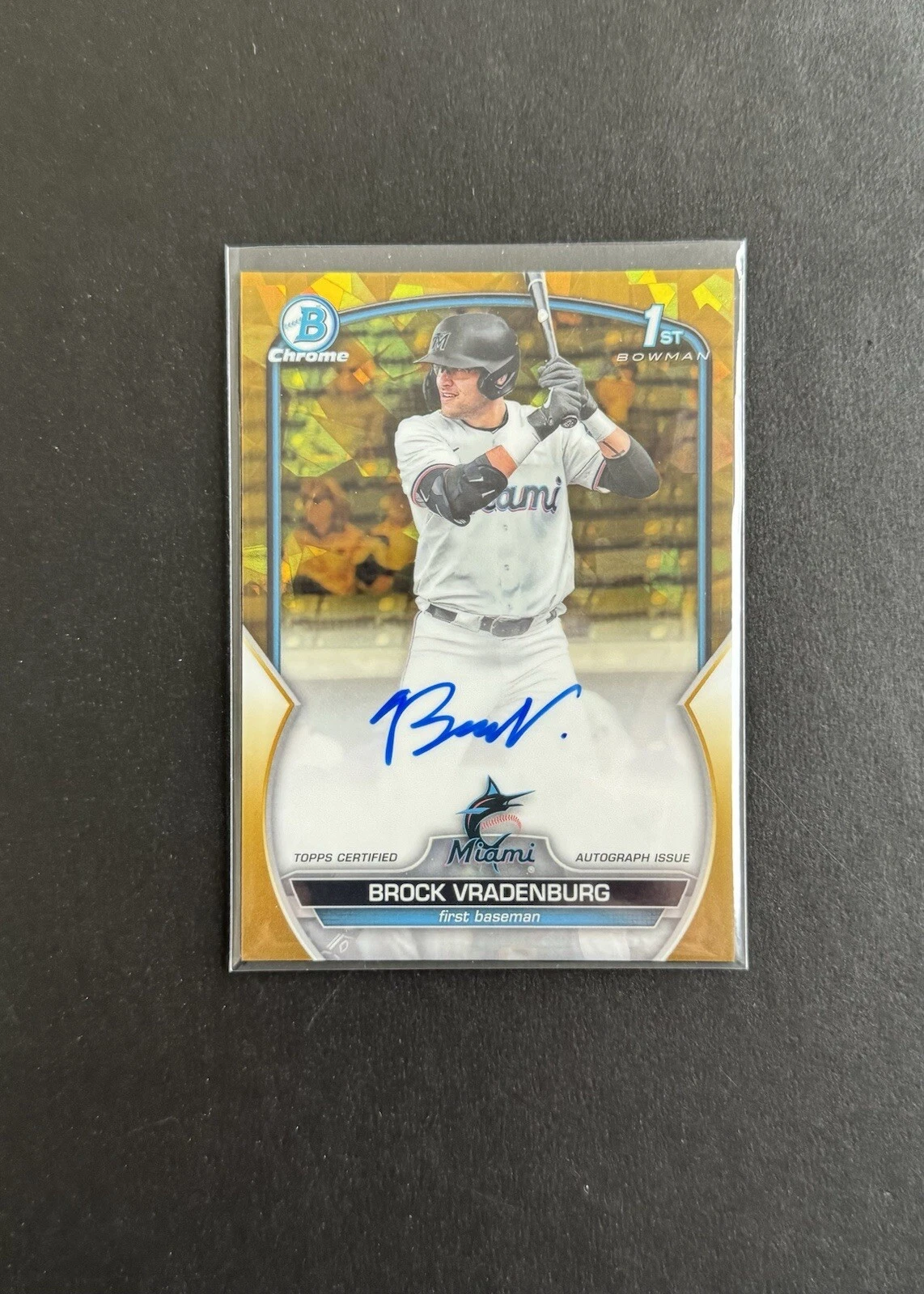 BROCK VRADENBURG 2023 BOWMAN CHROME DRAFT SAPPHIRE 1ST GOLD AUTO /50 MARLINS
