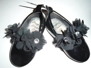 Shoes Stepping Stones Toddler size 4 Girls slip on Black with Flowers and bling - Picture 1 of 3
