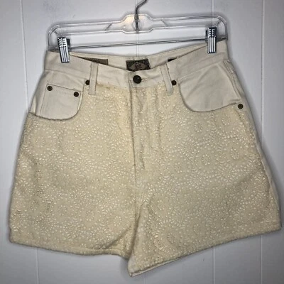 Shorts jeans vintage Express cintura alta juniores tamanho 11/12 bege bolsos de renda - Imagem 1 de 4