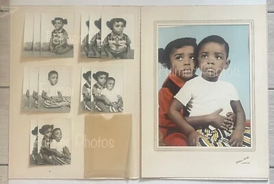 Raro JUEGO DE RETRATOS DE COLECCIÓN 14 piezas tintado a mano y blanco y negro 2 fotos negras de hermanos niños Foto 1 de 4