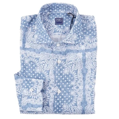 Camisa Fedeli Slim Fit Estampado Bandana Lino Botón Delantero S/M 15.5 (Eu 39) Nueva con Etiquetas Foto 1 de 4