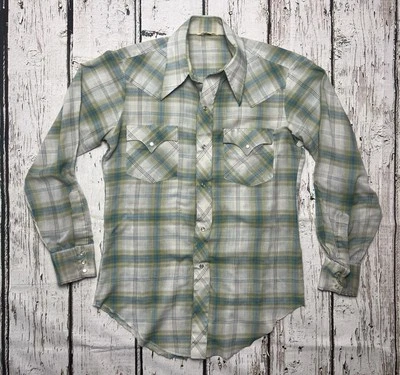 Camisa Vaquera Occidental De Colección Prensa Permanente Años 70 Cuadros ENVEJECIDA Perla A Presión Para Hombre Foto 1 de 4