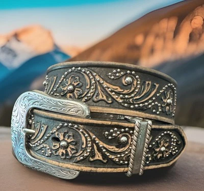 Tony Lama Studded Floral Leather Belt Size 28 NWT - Image 1 of 4