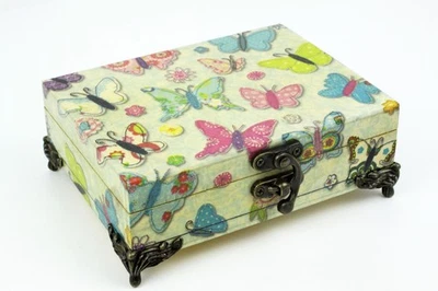 Vintage Musical Jewellery storage/trinket memory wooden box butterflys flowers - Image 1 of 4