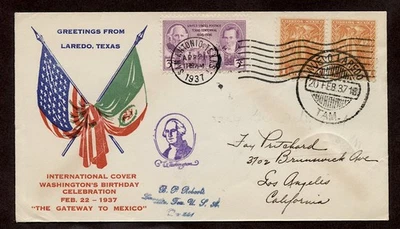 ILLUST..1937 CVR WASHINGTONS BIRTHDAY from LAREDO TEX  DUAL CANCELS U.S & MEXICO - Image 1 of 4